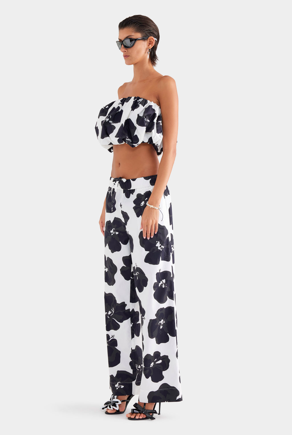 Printed Heavy Cotton Poplin Pant - White/Black Hibiscus
