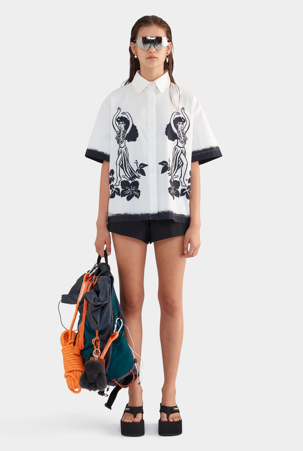 Relaxed Cotton Short Sleeve Shirt - Off White/Hula Girl Print