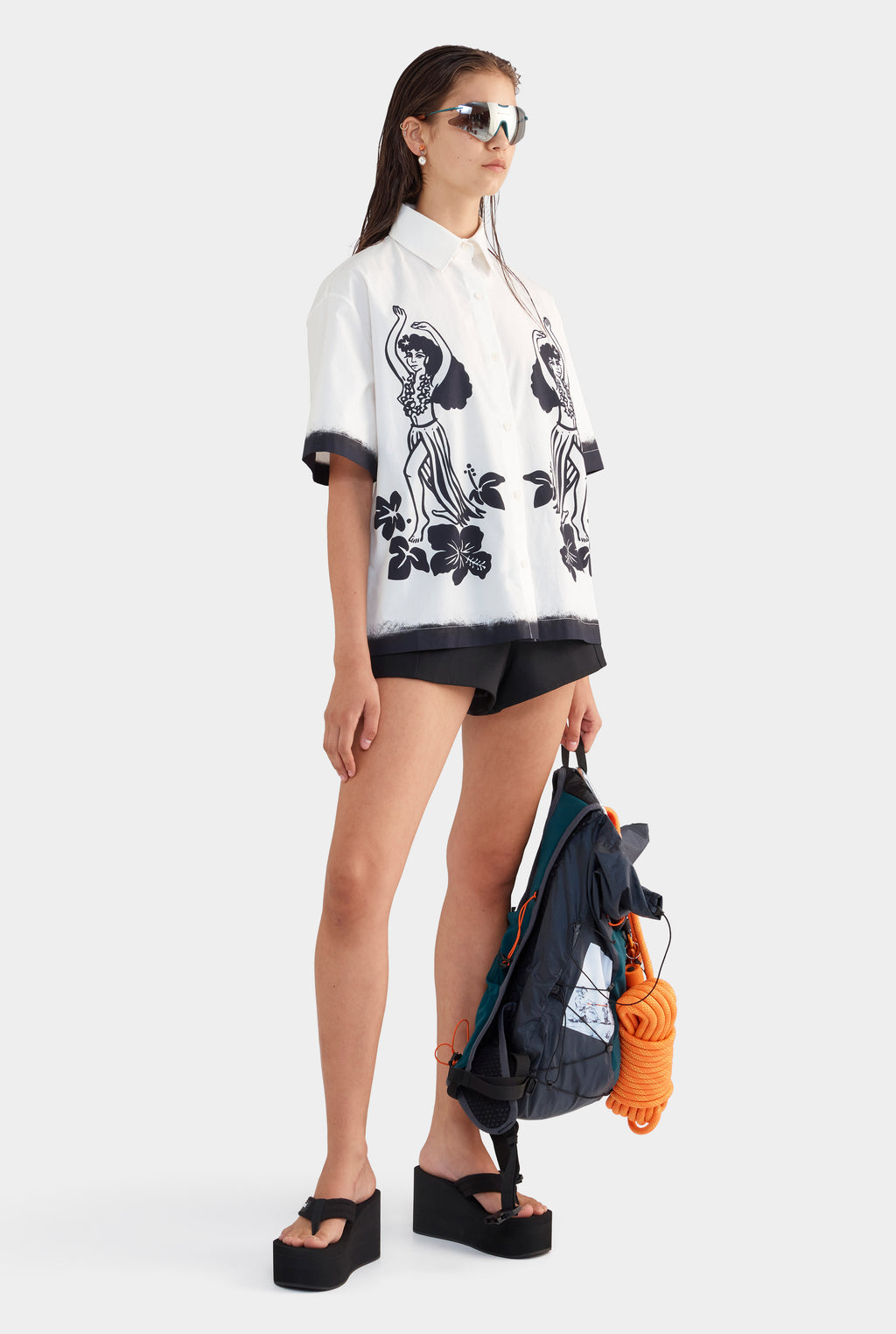 Relaxed Cotton Short Sleeve Shirt - Off White/Hula Girl Print