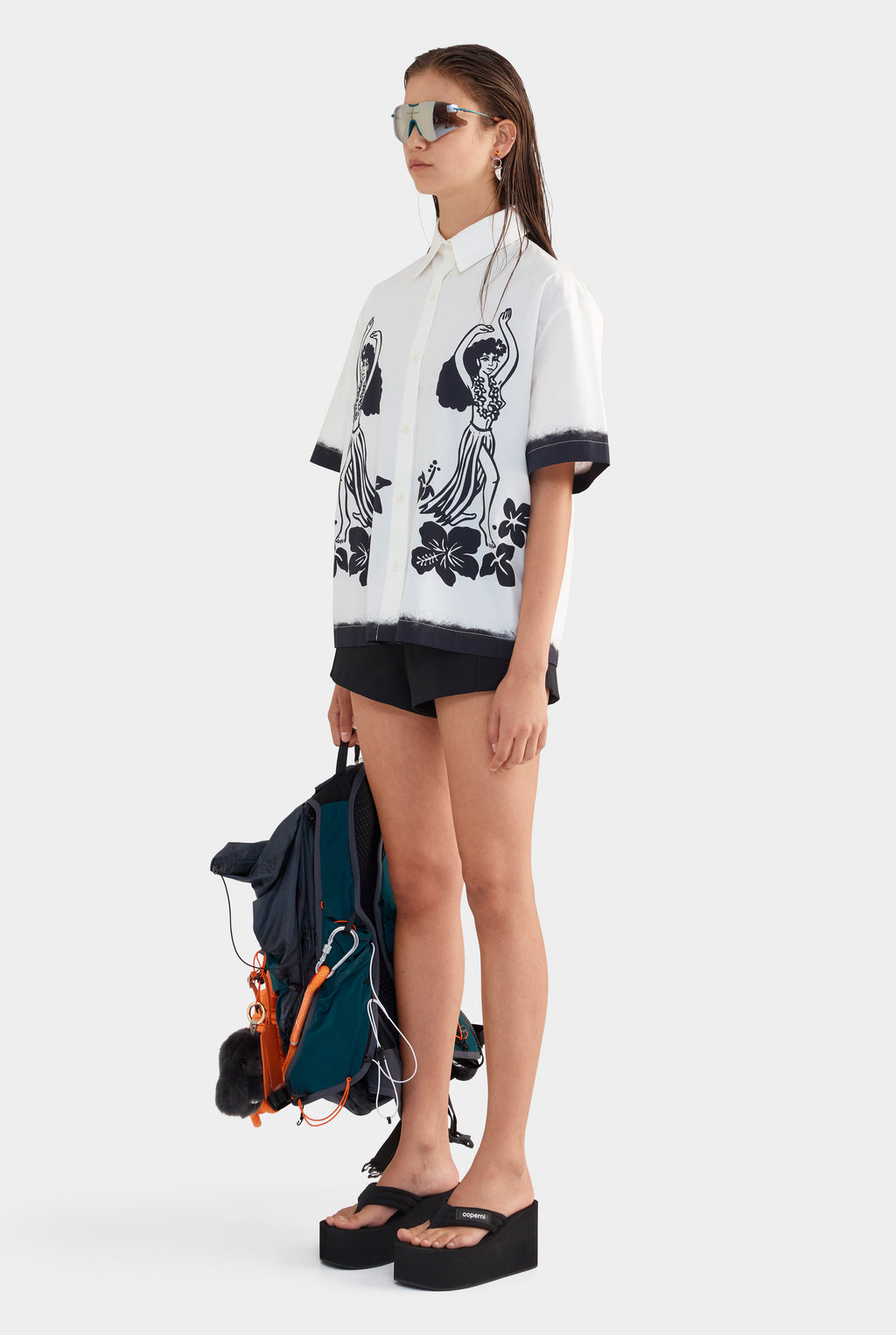 Relaxed Cotton Short Sleeve Shirt - Off White/Hula Girl Print