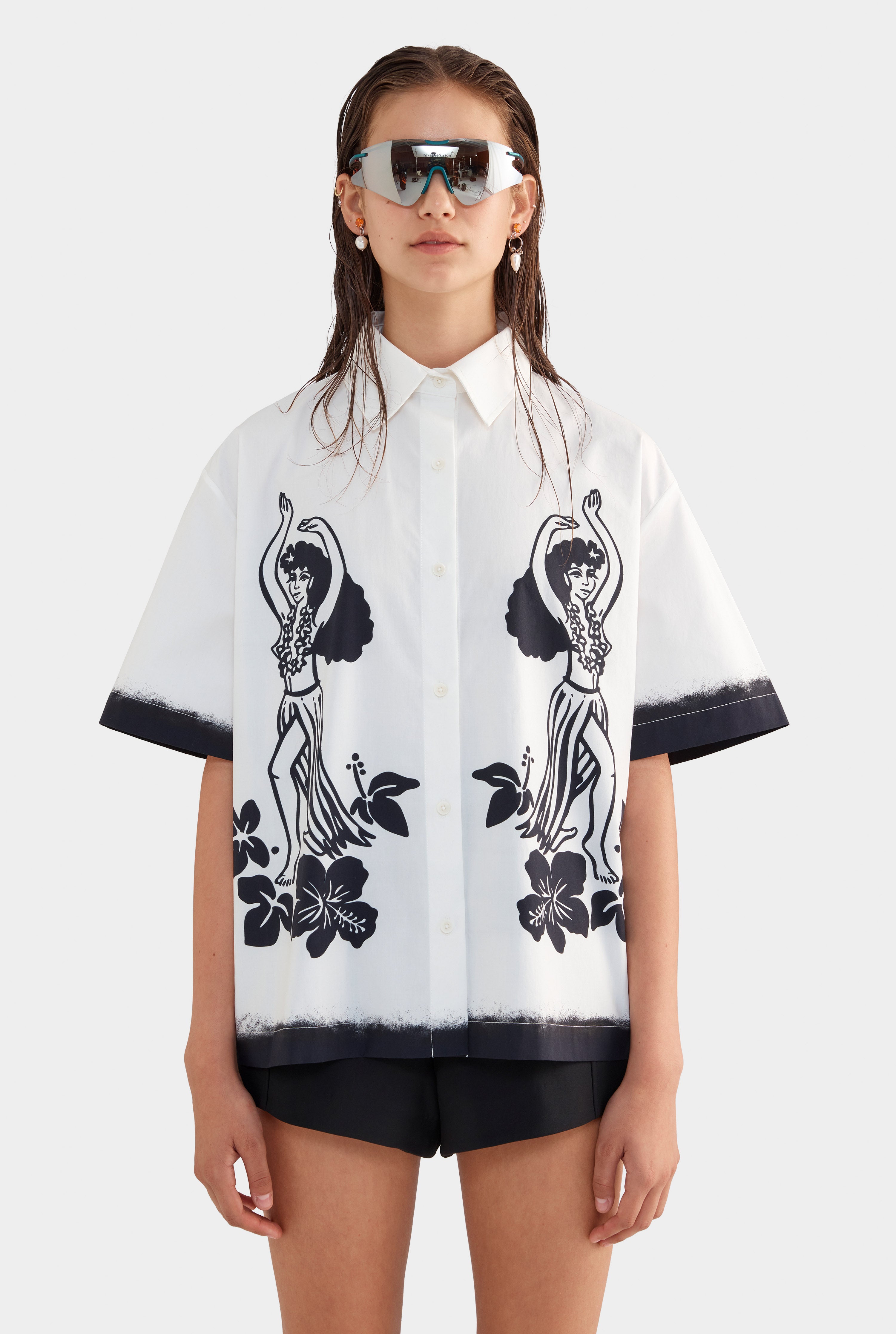 Relaxed Cotton Short Sleeve Shirt - Off White/Hula Girl Print