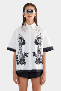 Relaxed Cotton Short Sleeve Shirt - Off White/Hula Girl Print