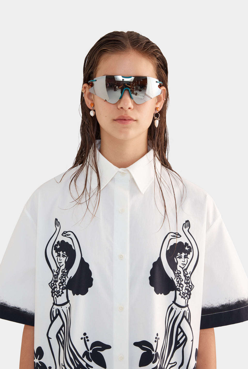 Relaxed Cotton Short Sleeve Shirt - Off White/Hula Girl Print