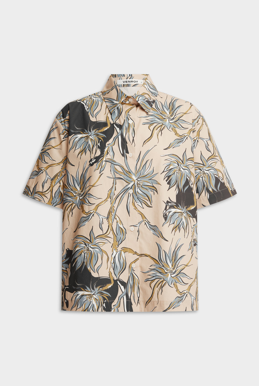 Relaxed Short Sleeve Cotton Shirt - Beige Floral Horse Print