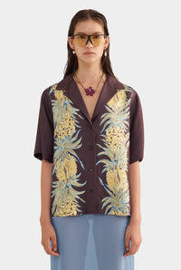 Relaxed Silk Camp Collar Shirt - Pineapple Print