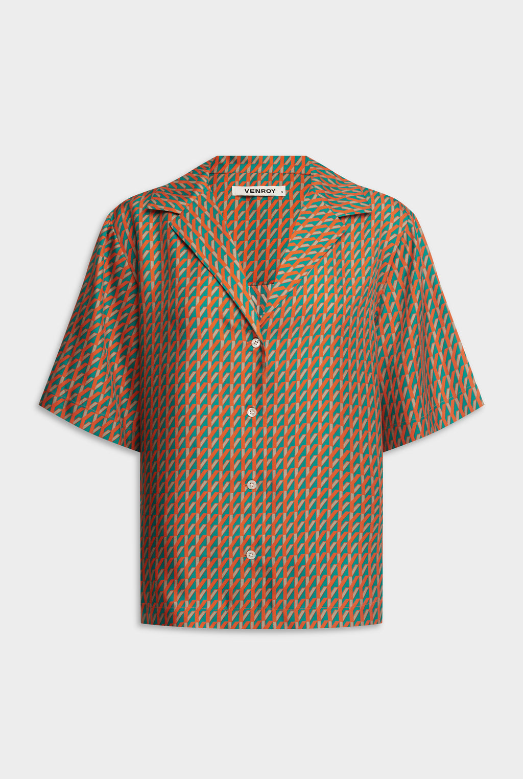 Relaxed Silk Camp Collar Shirt - Teal/Bright Orange V Monogram