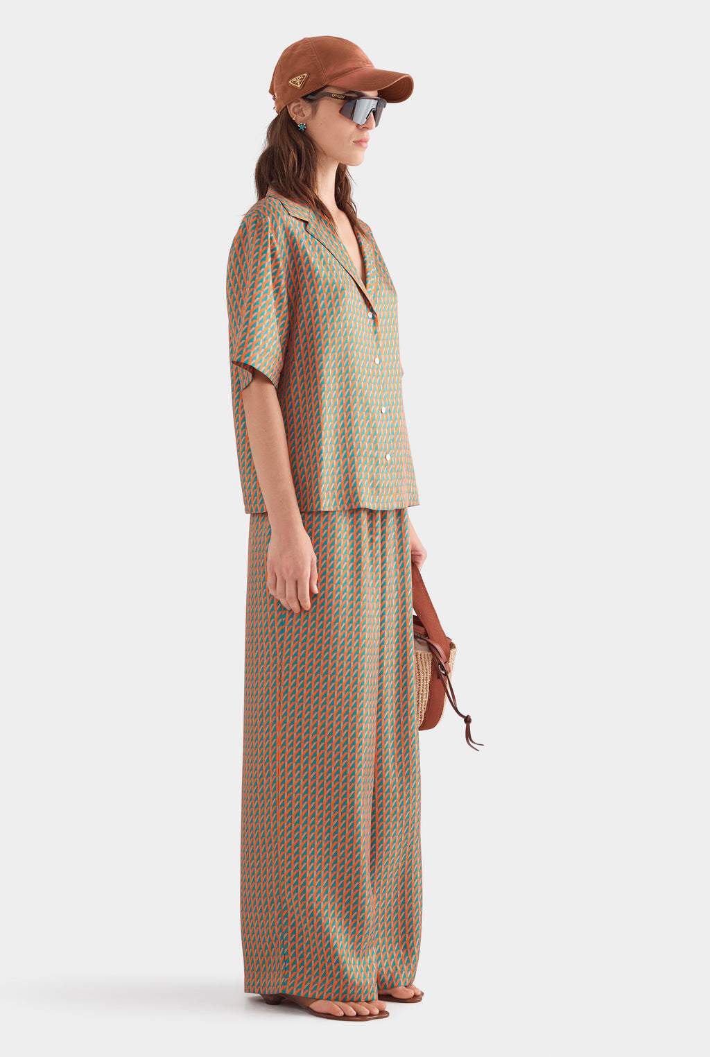 Relaxed Silk Camp Collar Shirt - Teal/Bright Orange V Monogram