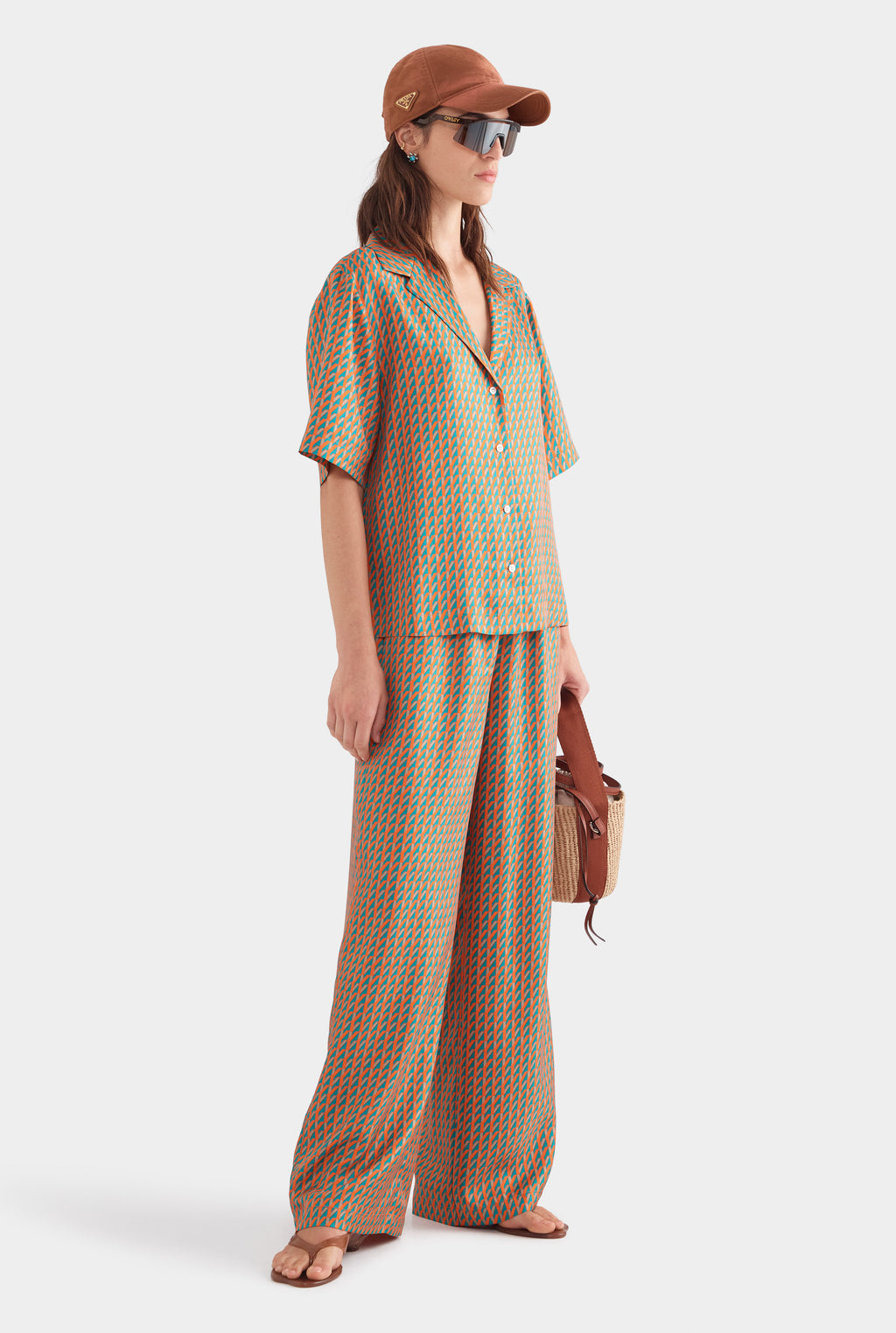 Relaxed Silk Camp Collar Shirt - Teal/Bright Orange V Monogram