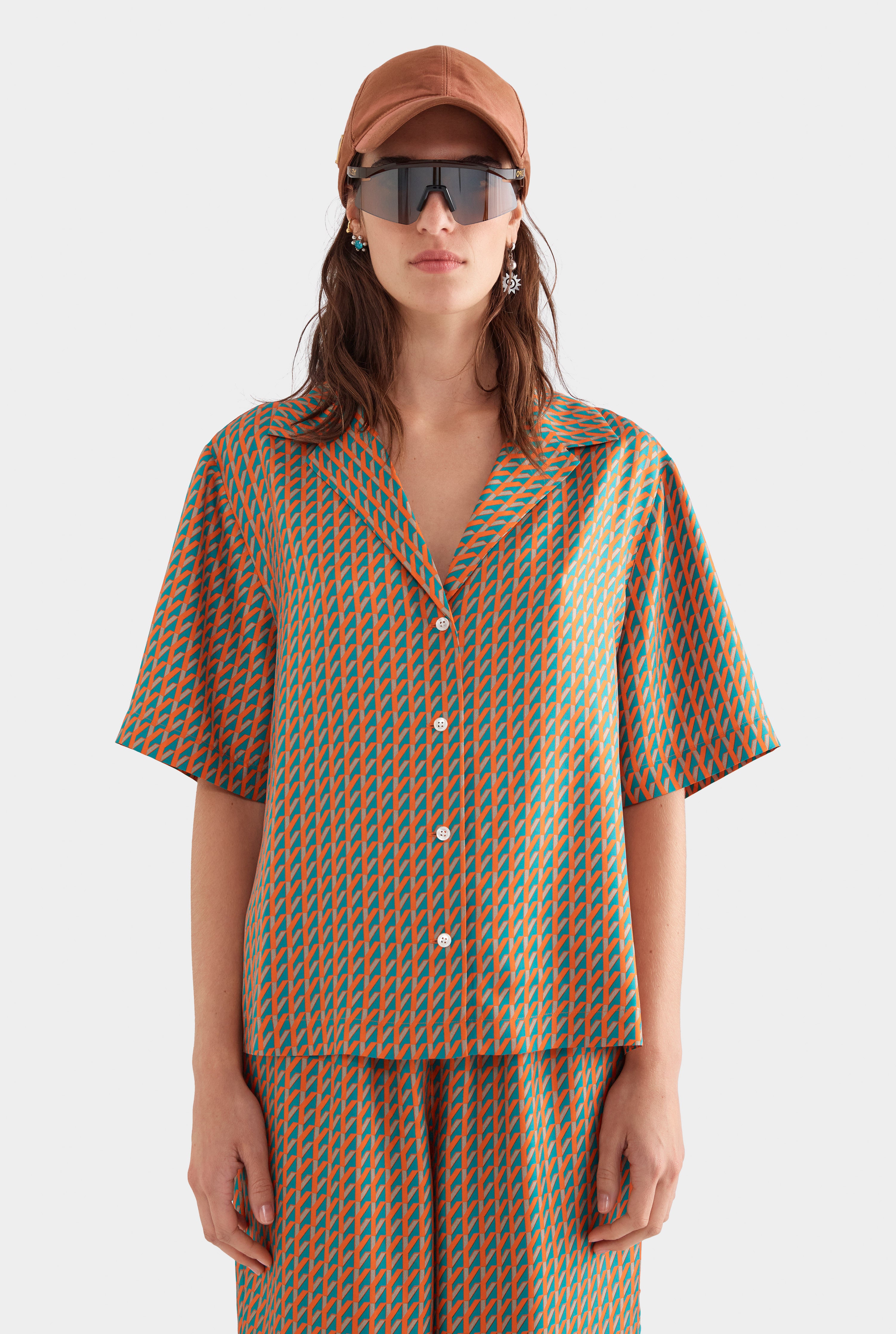 Relaxed Silk Camp Collar Shirt - Teal/Bright Orange V Monogram