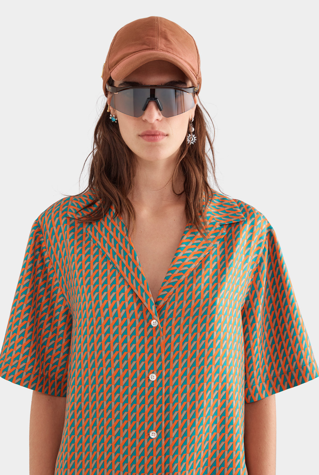 Relaxed Silk Camp Collar Shirt - Teal/Bright Orange V Monogram