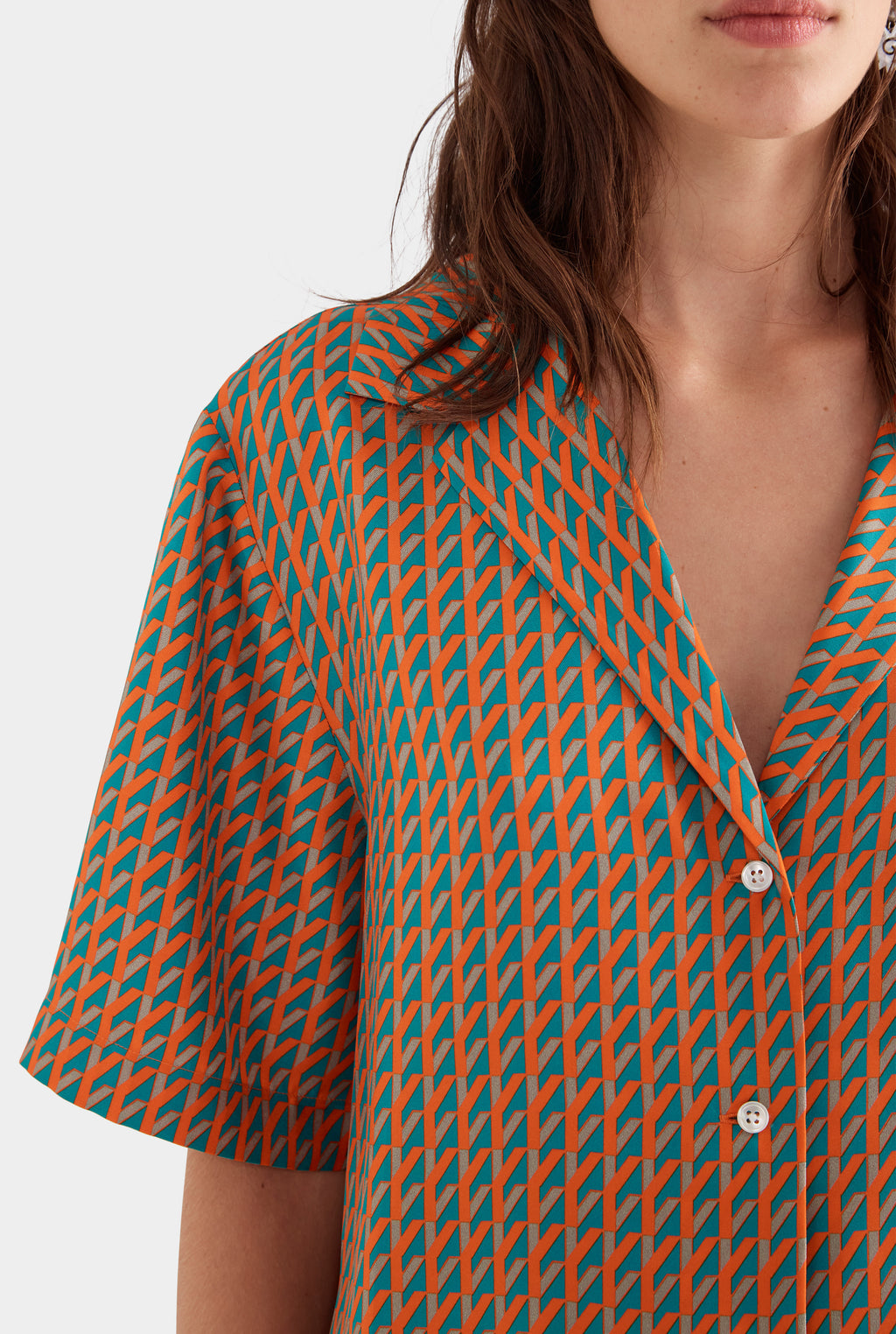 Relaxed Silk Camp Collar Shirt - Teal/Bright Orange V Monogram