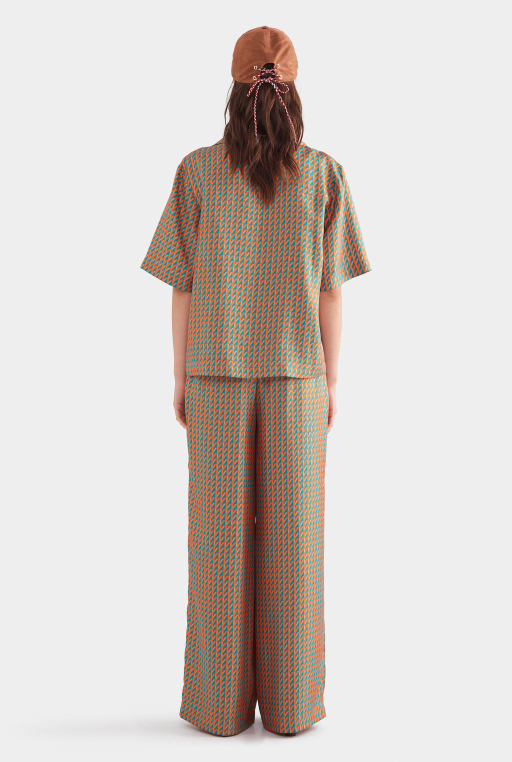 Relaxed Silk Camp Collar Shirt - Teal/Bright Orange V Monogram