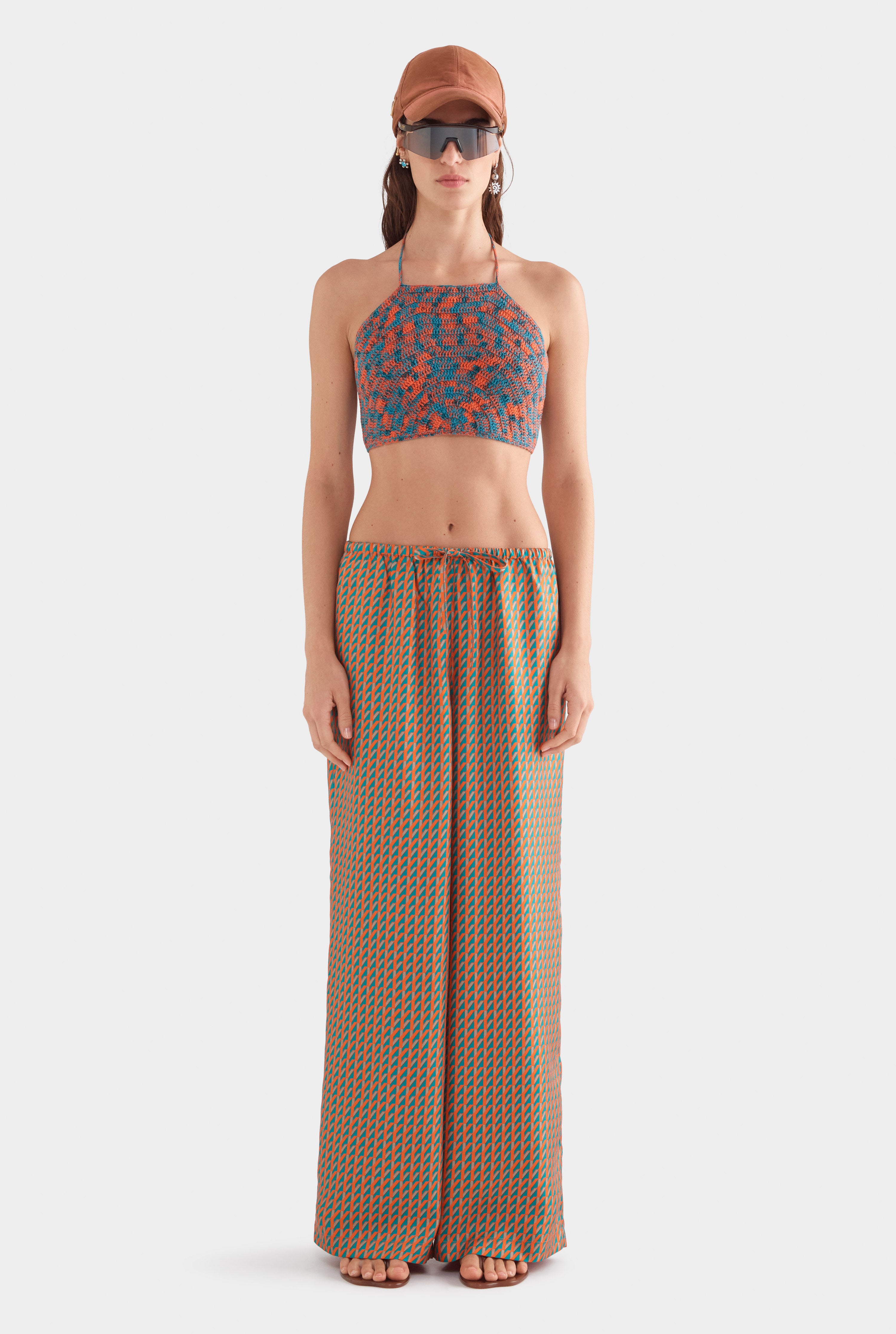 Relaxed Silk Drawstring Pant - Teal/Bright Orange V Monogram