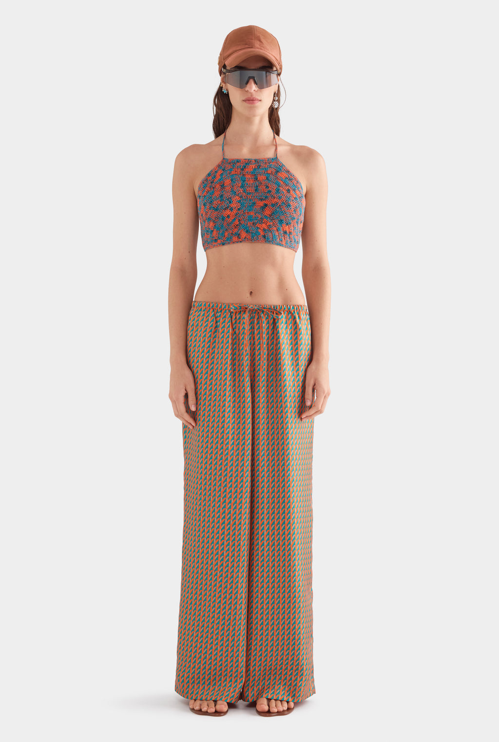 Relaxed Silk Drawstring Pant - Teal/Bright Orange V Monogram