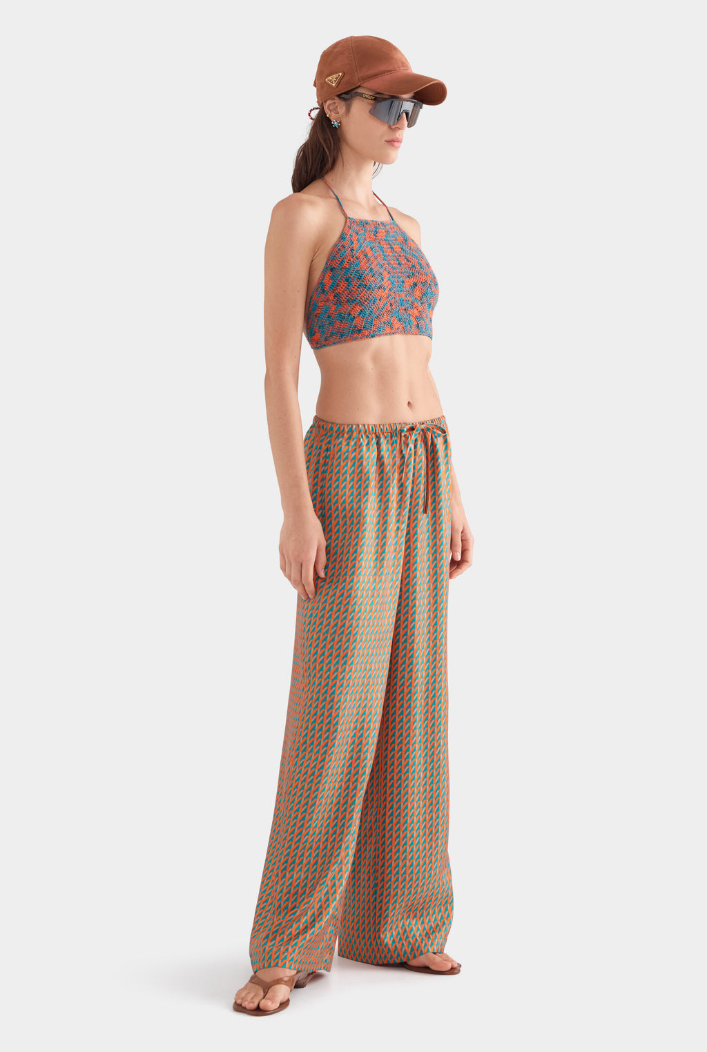 Relaxed Silk Drawstring Pant - Teal/Bright Orange V Monogram