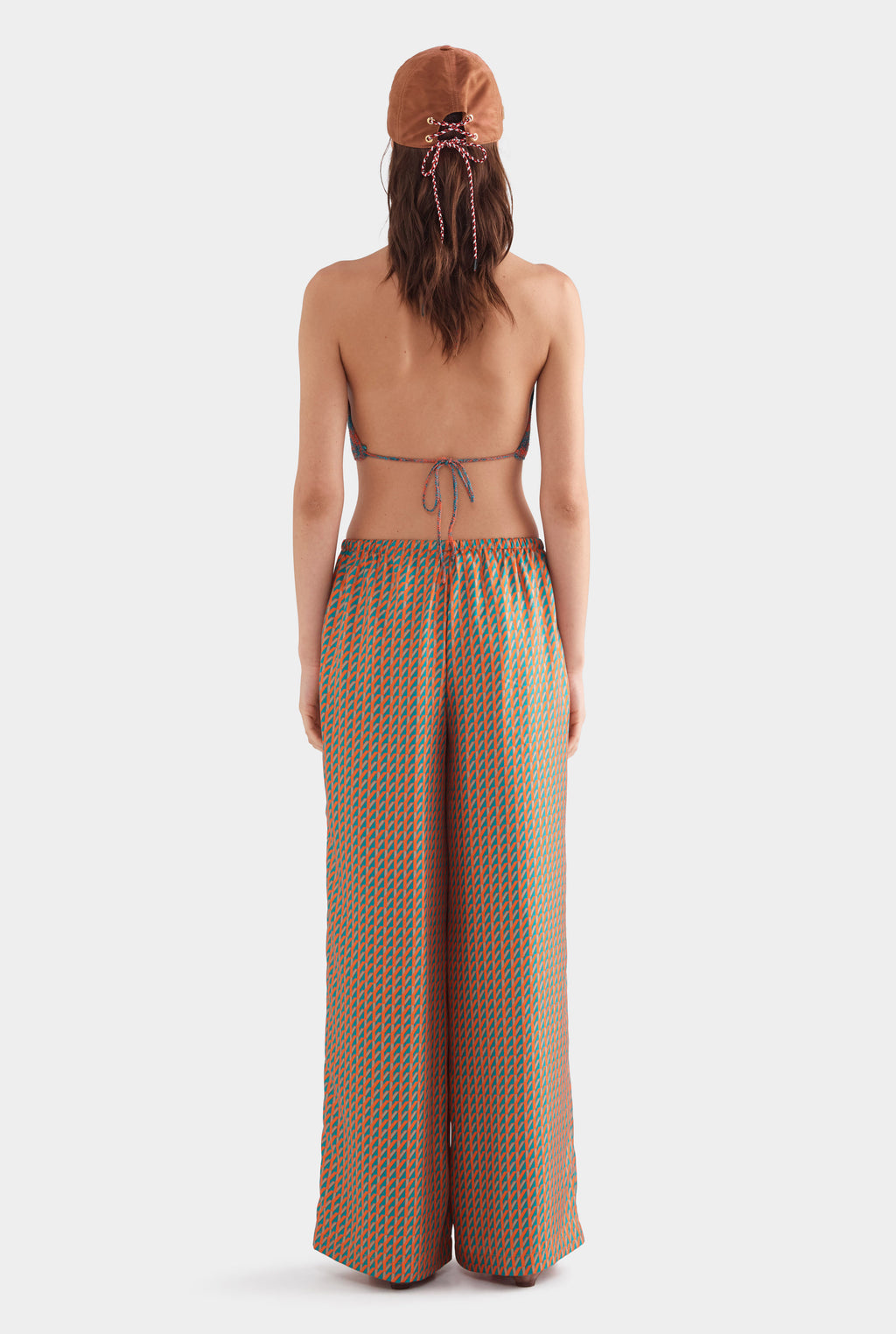 Relaxed Silk Drawstring Pant - Teal/Bright Orange V Monogram