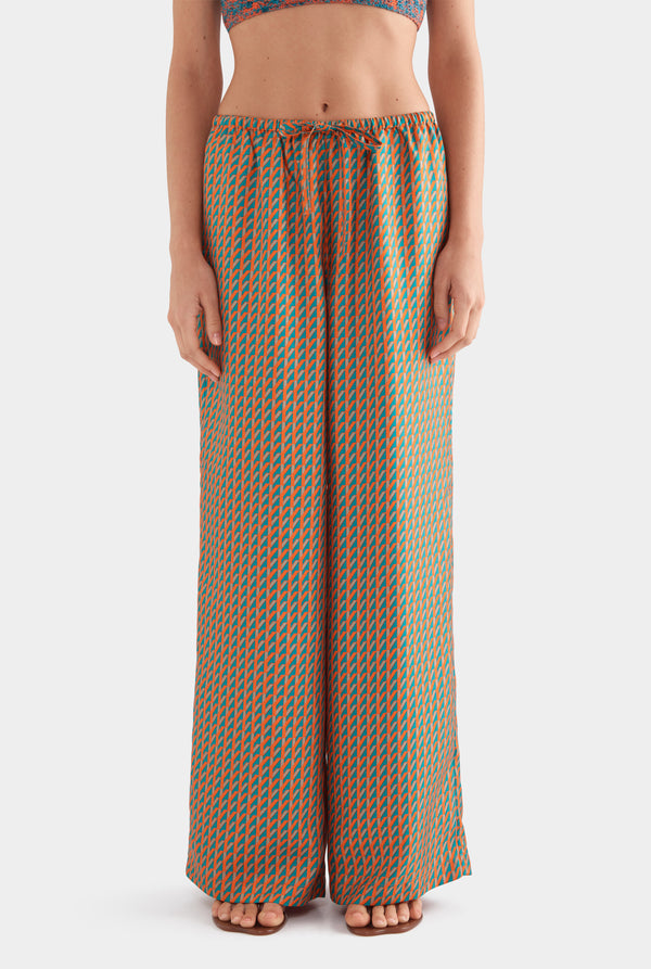 Relaxed Silk Drawstring Pant - Teal/Bright Orange V Monogram