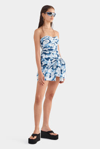 Ruched Cotton Strapless Mini Dress - Blue Hibiscus Camo