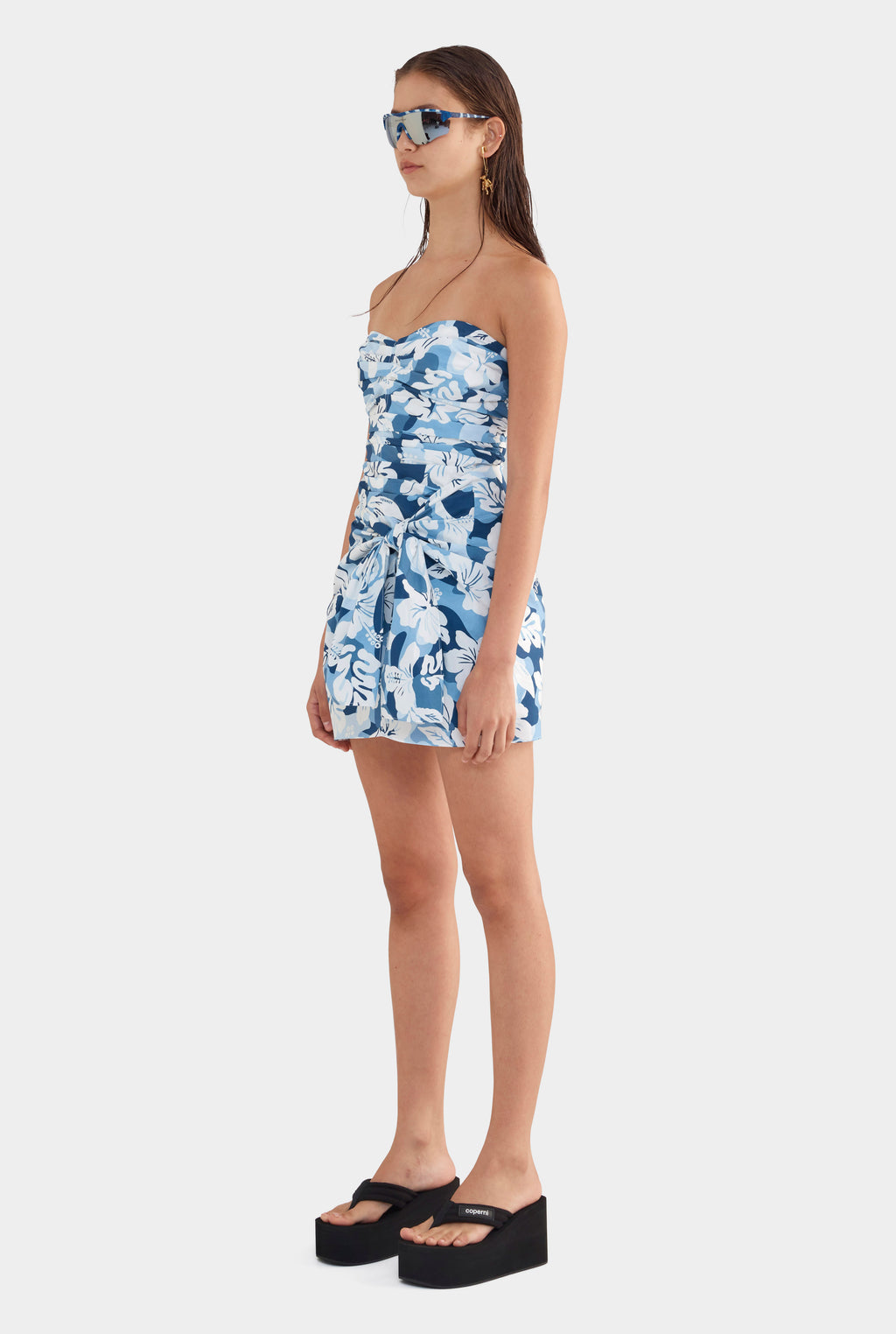 Ruched Cotton Strapless Mini Dress - Blue Hibiscus Camo