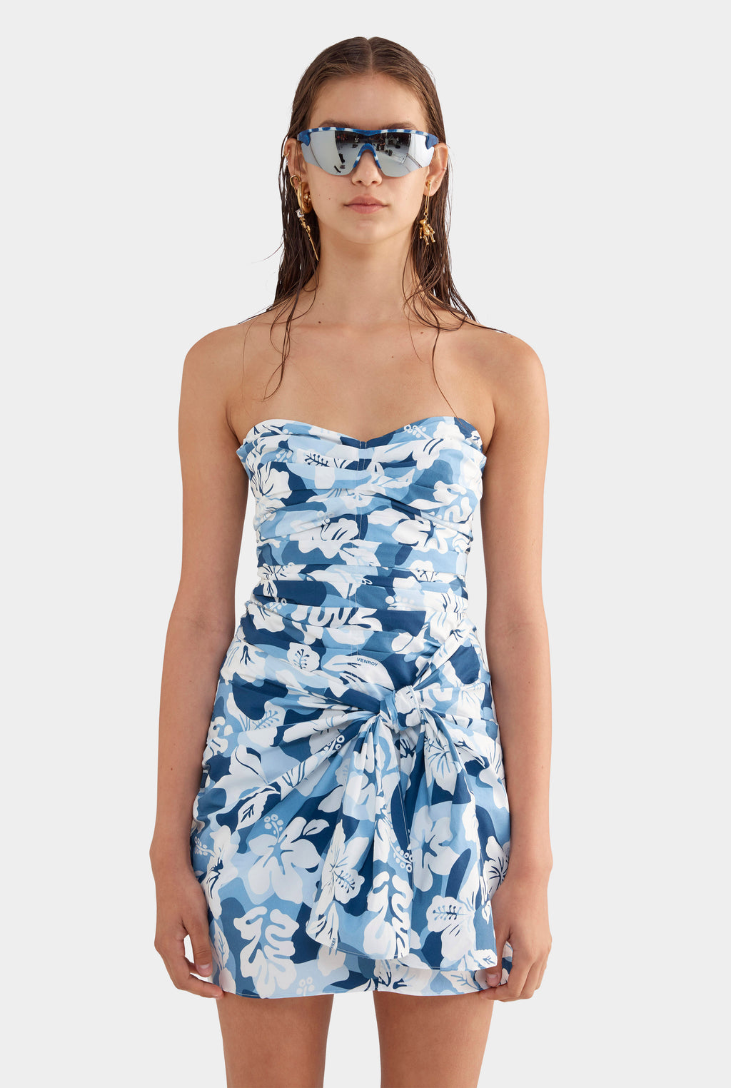 Ruched Cotton Strapless Mini Dress - Blue Hibiscus Camo