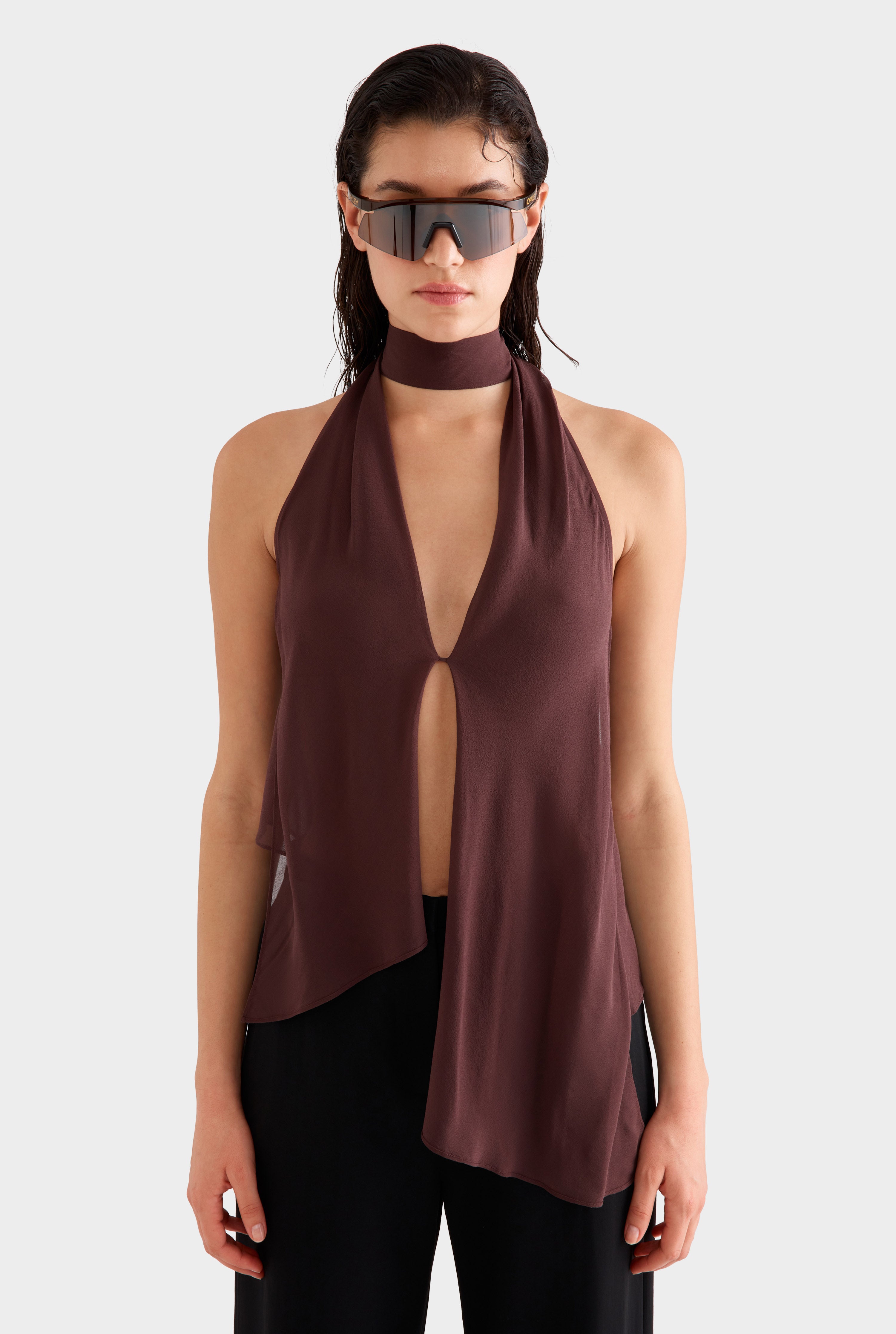 Silk Layered Halter Top - Coffee
