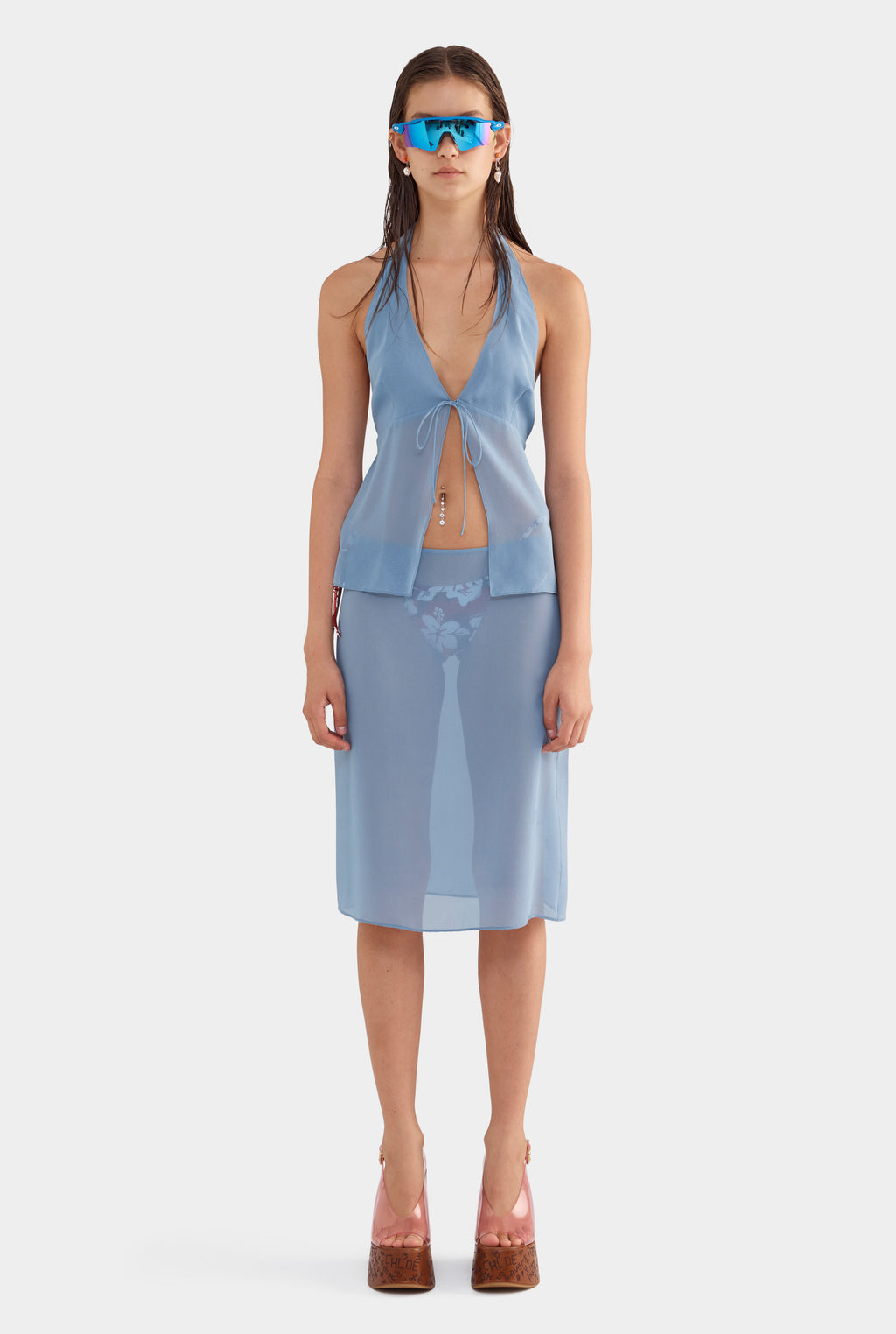 Knee Length Sheer Silk Skirt - Steel Blue