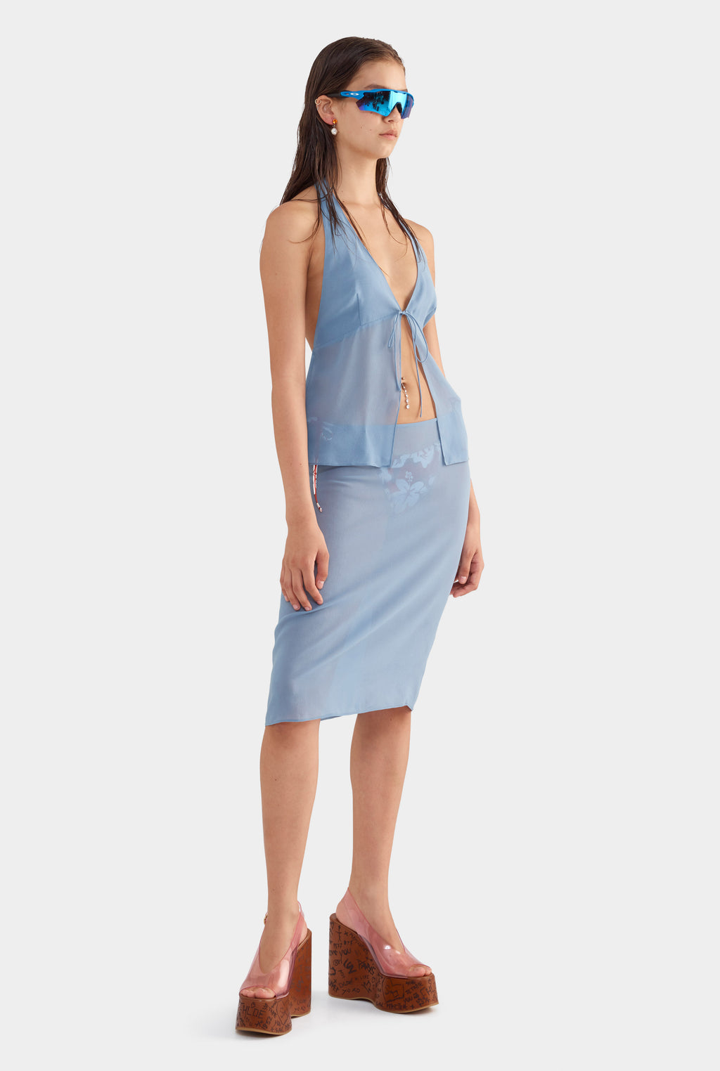 Knee Length Sheer Silk Skirt - Steel Blue