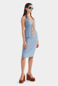 Knee Length Sheer Silk Skirt - Steel Blue