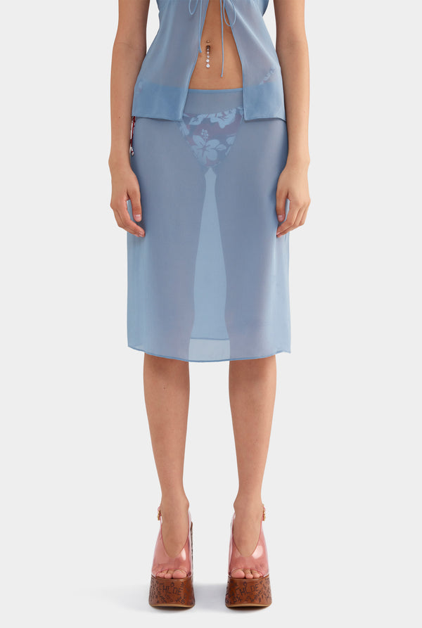 Knee Length Sheer Silk Skirt - Steel Blue