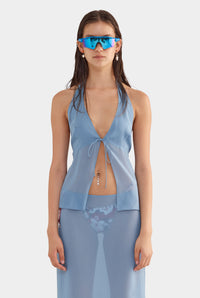 Sheer Silk Halter Top - Steel Blue