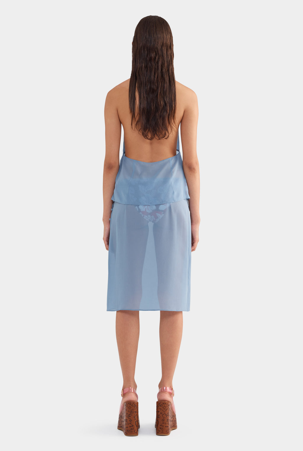 Knee Length Sheer Silk Skirt - Steel Blue