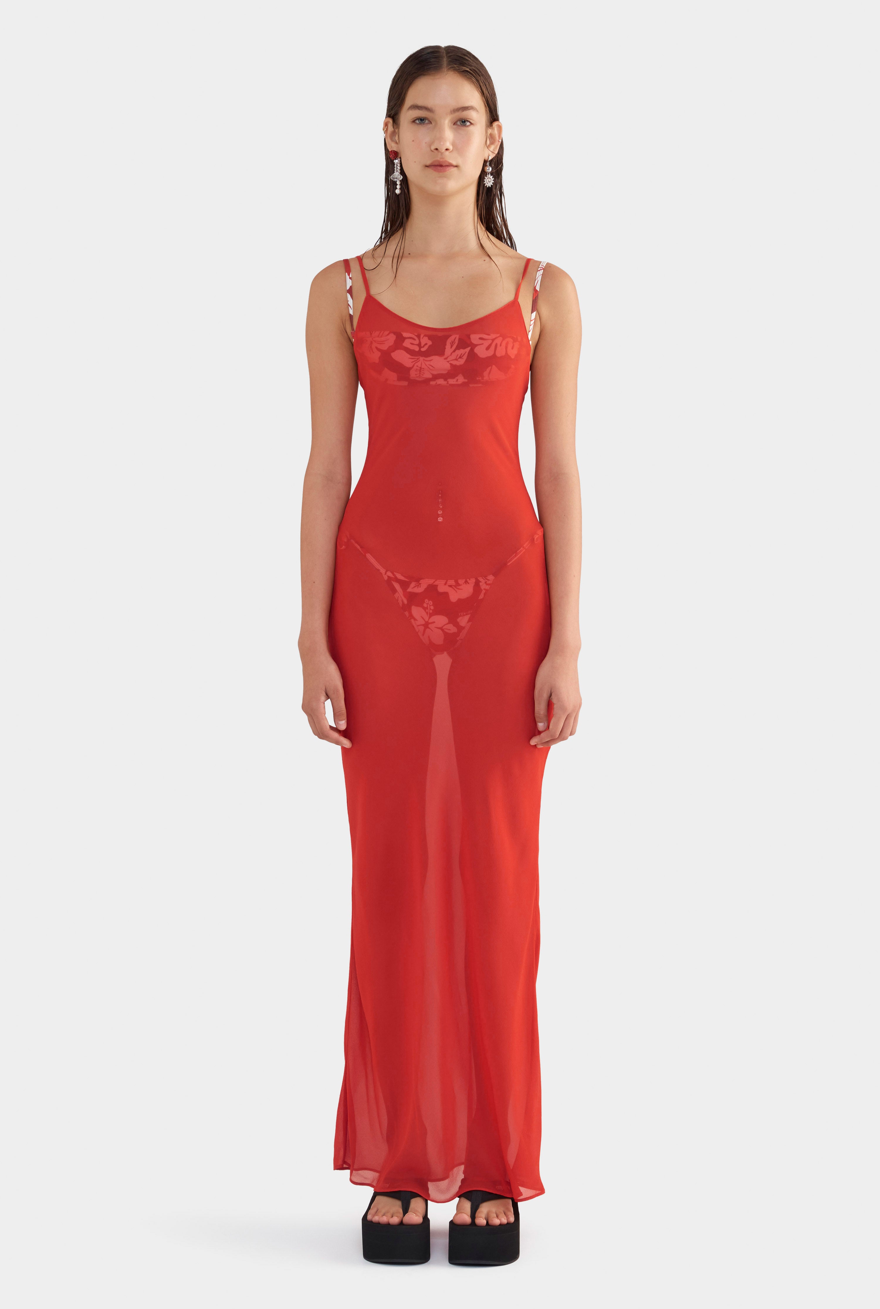Sheer Silk Slip Dress - Red