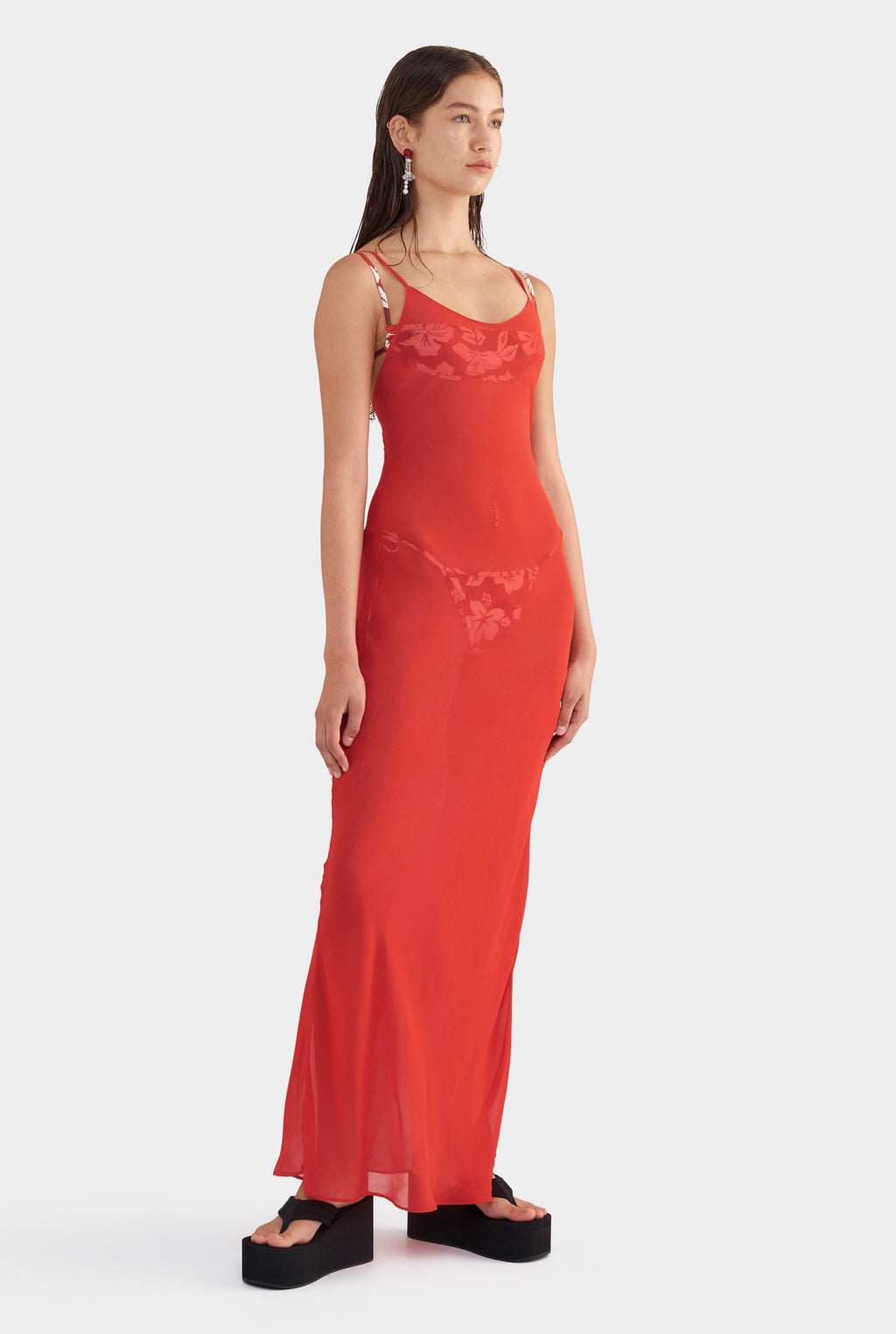 Sheer Silk Slip Dress - Red