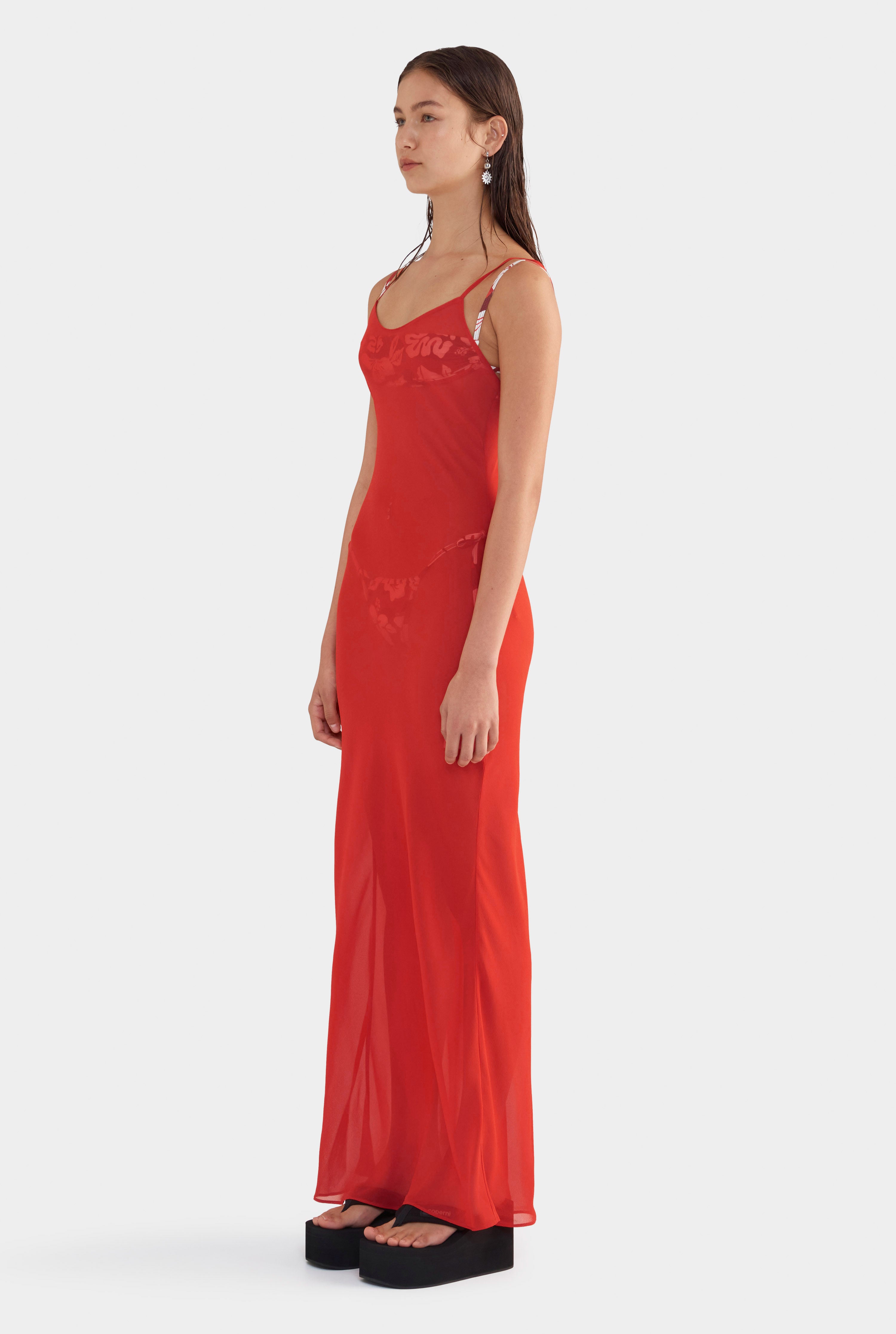 Womens Sheer Silk Slip Dress in Red Venroy – VENROY