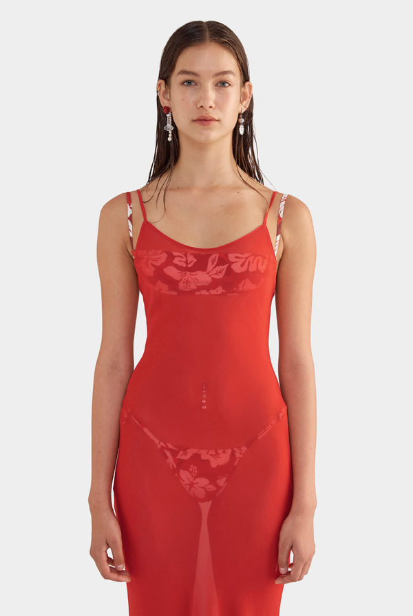 Sheer Silk Slip Dress - Red