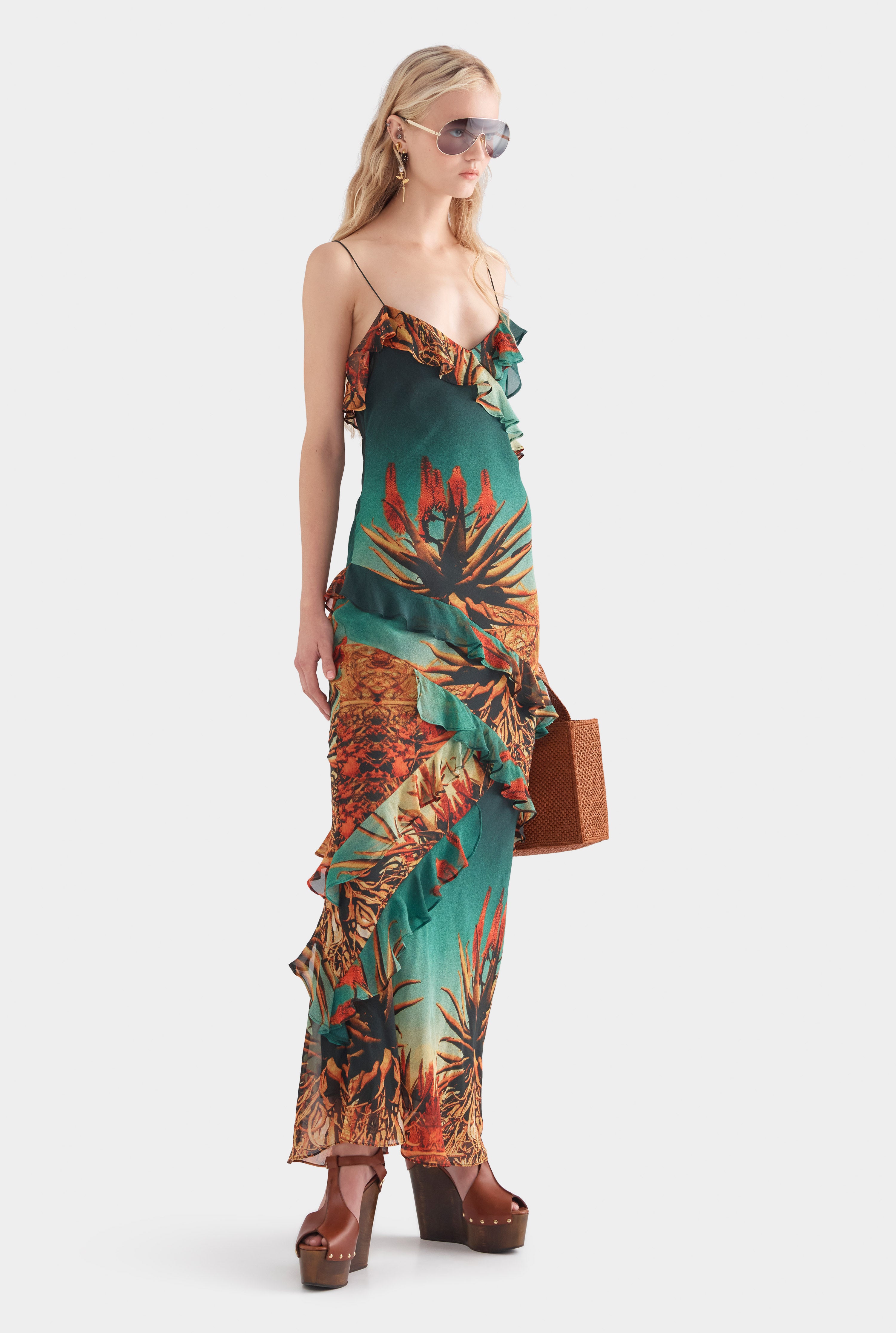 Silk Ruffle Slip Dress - Cactus Print