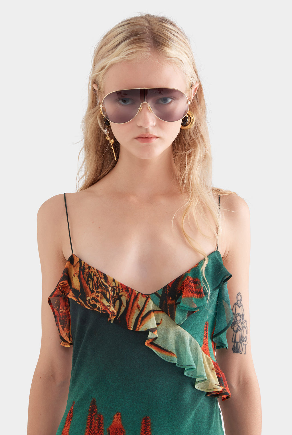 Silk Ruffle Slip Dress - Cactus Print