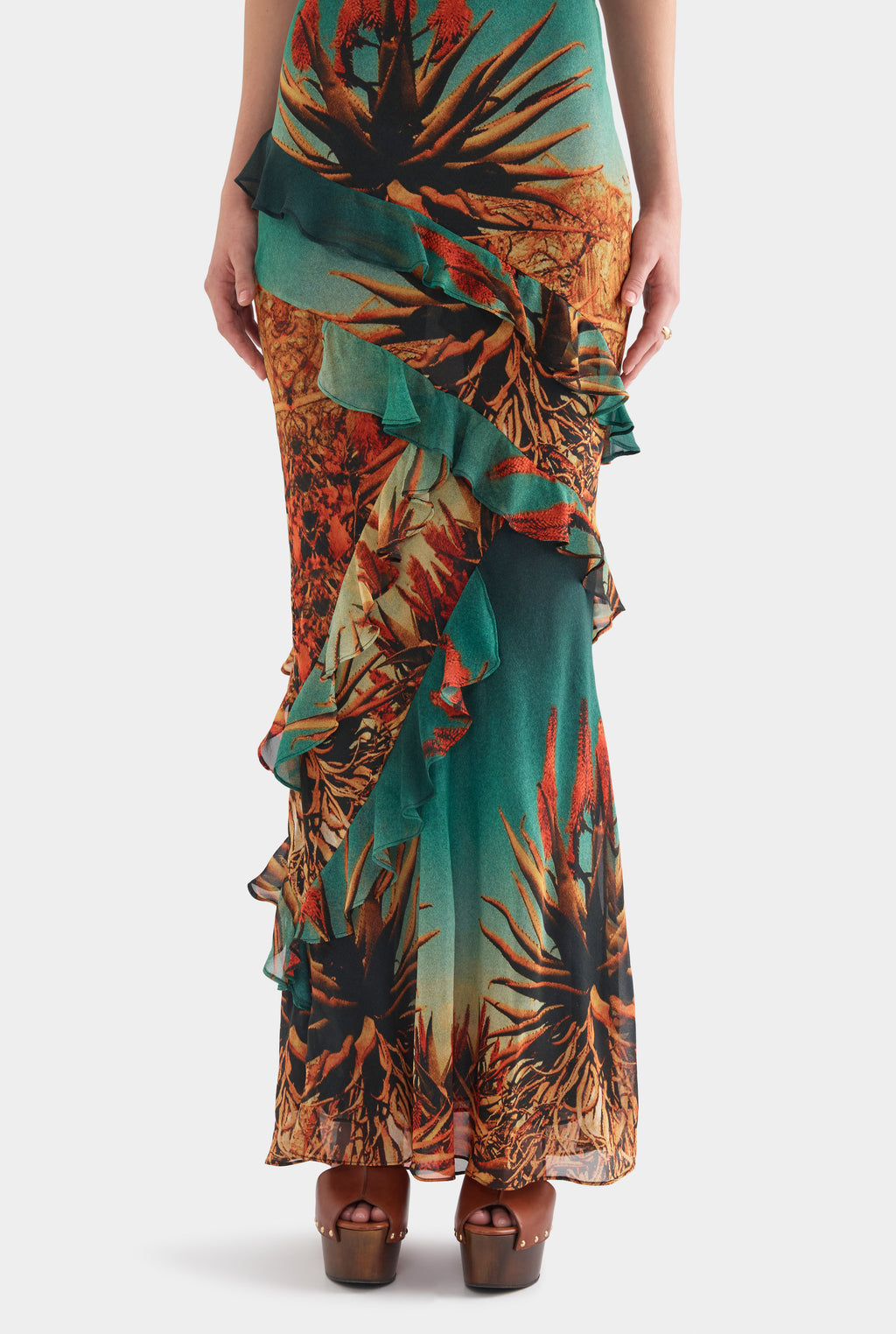 Silk Ruffle Slip Dress - Cactus Print