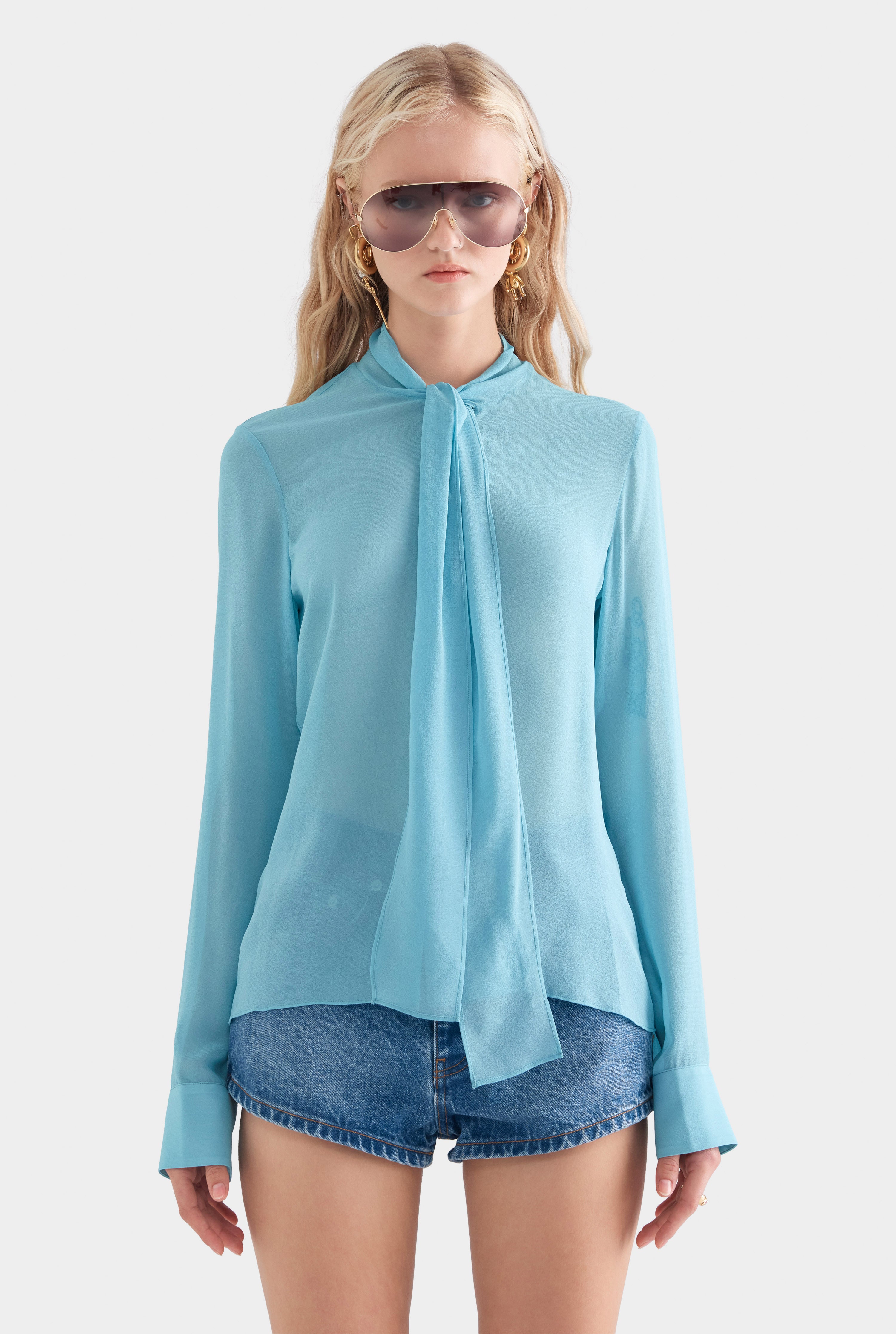 Silk Scarf Shirt - Aqua Blue