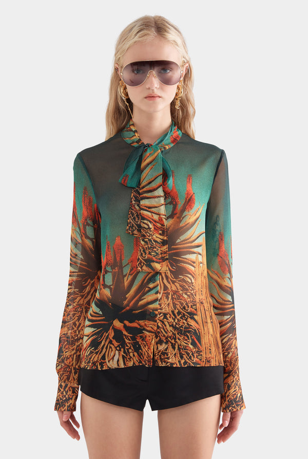 Silk Scarf Shirt - Cactus Print