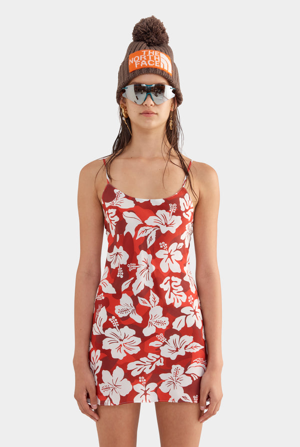 Silk Slip Mini Dress - Red Hibiscus Camo