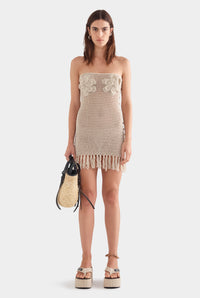 Strapless Floral Crochet Cotton Mini Dress - Natural