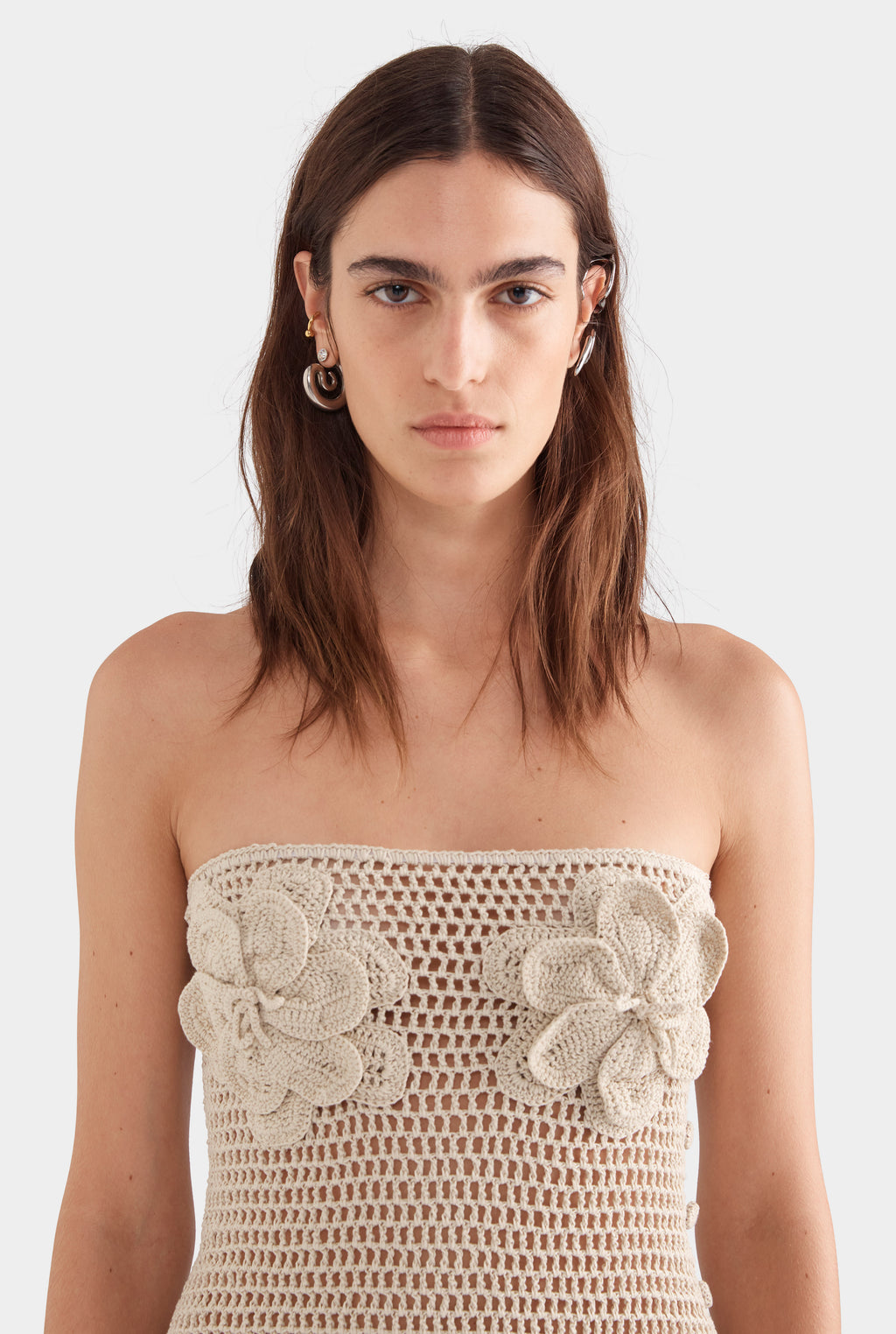 Strapless Floral Crochet Cotton Mini Dress - Natural