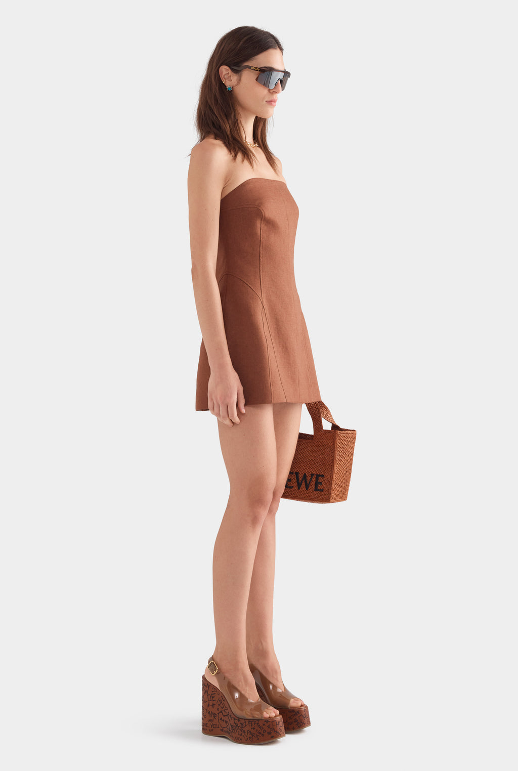 Strapless Panelled Linen Mini Dress - Chocolate