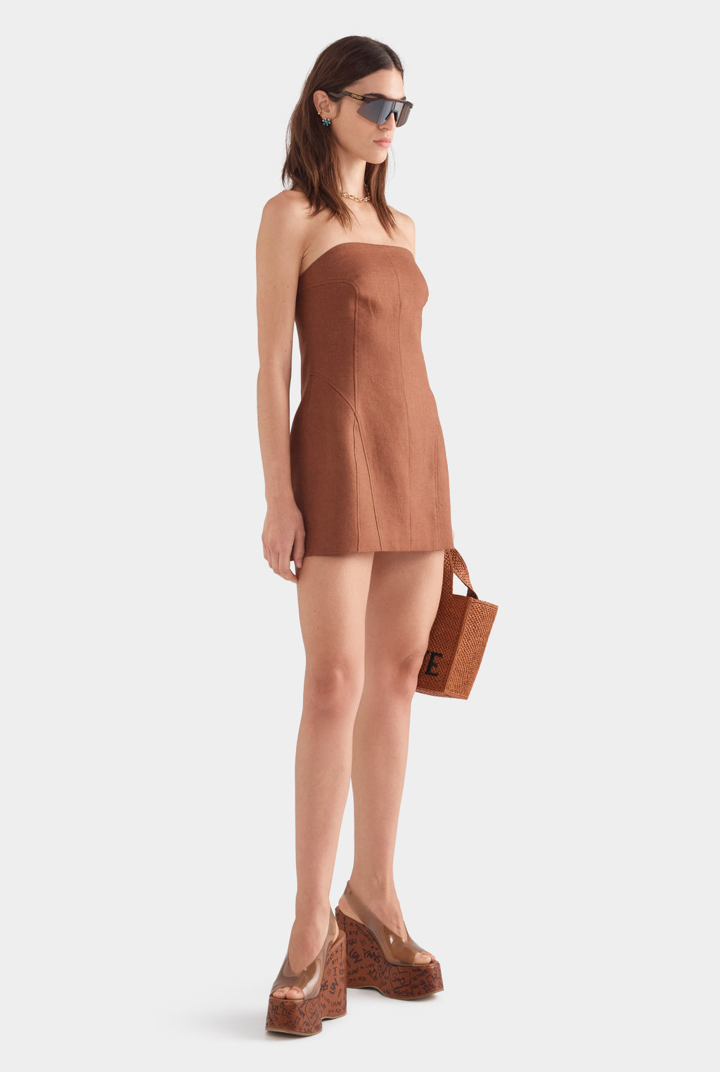 Womens Strapless Panelled Linen Mini Dress in Chocolate | Venroy VENROY Womens Strapless Panelled Linen Mini Dress in Chocolate | Venroy VENROY