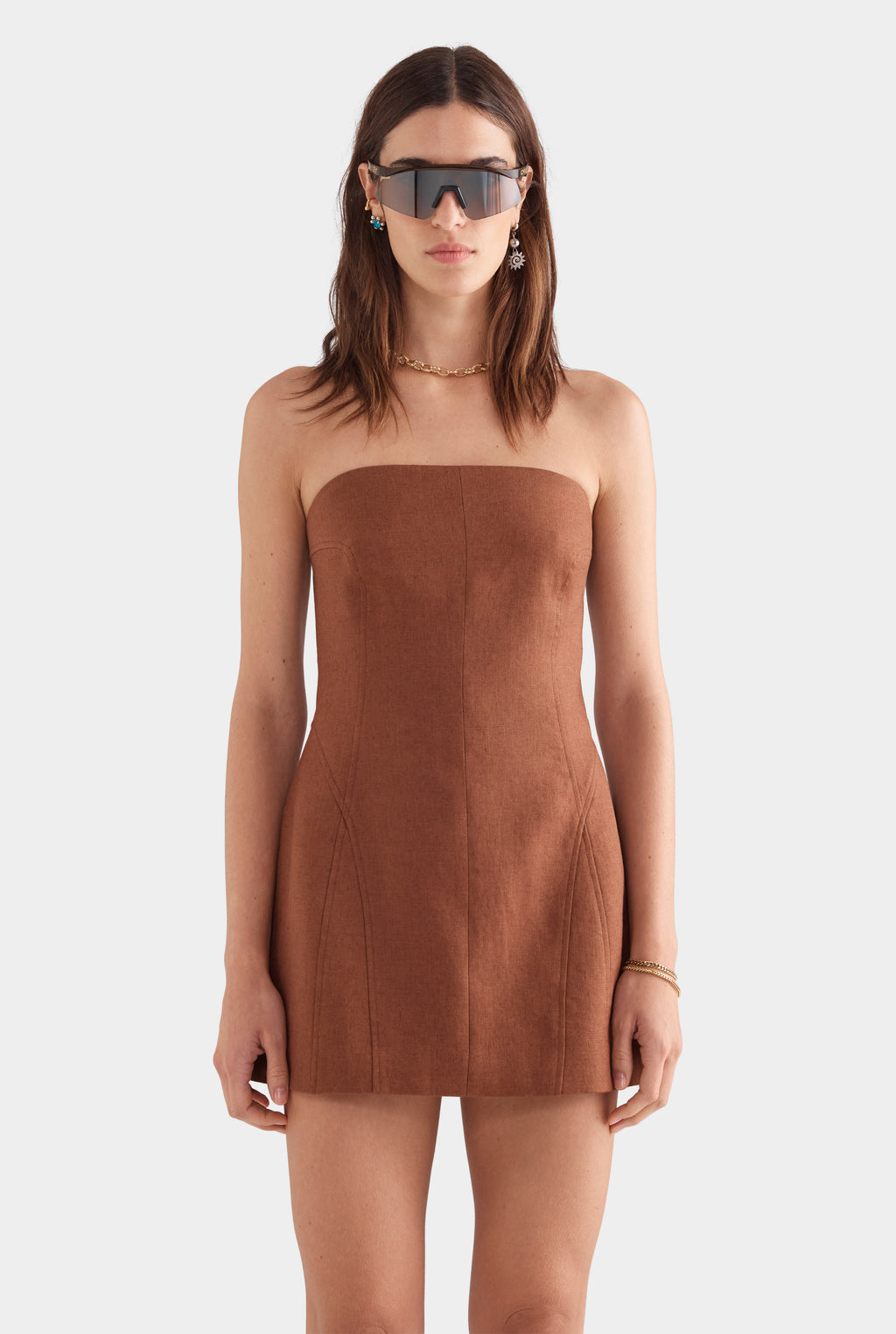Womens Strapless Panelled Linen Mini Dress in Chocolate | Venroy VENROY Womens Strapless Panelled Linen Mini Dress in Chocolate | Venroy VENROY