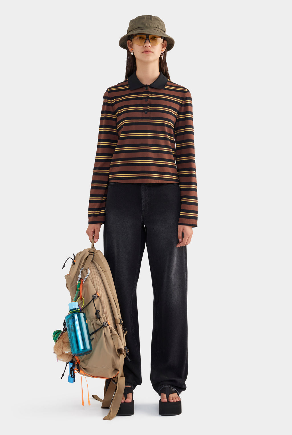 Striped Long Sleeve Jersey Polo - Black/Brown/Yellow Stripe