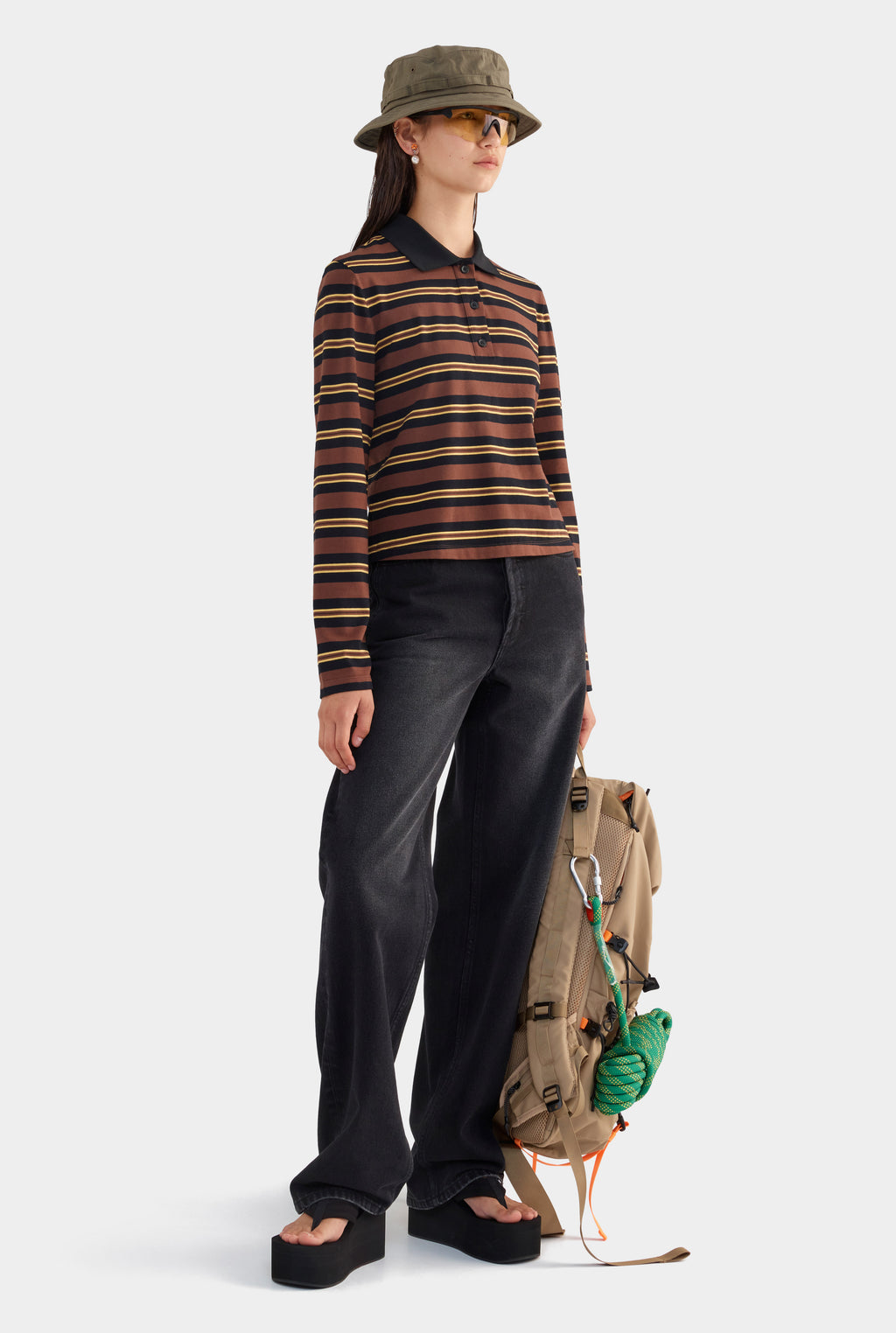 Striped Long Sleeve Jersey Polo - Black/Brown/Yellow Stripe