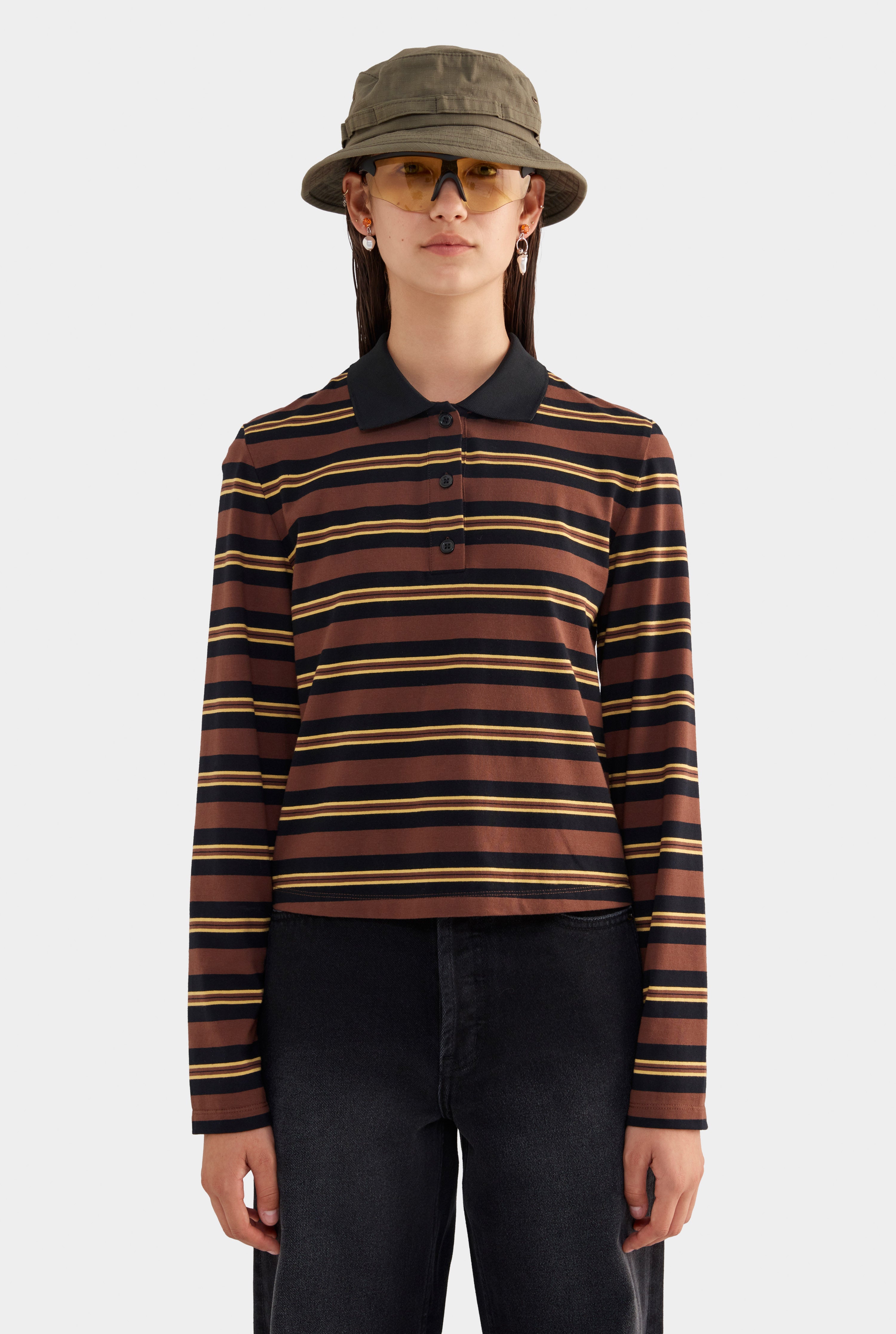 Striped Long Sleeve Jersey Polo - Black/Brown/Yellow Stripe