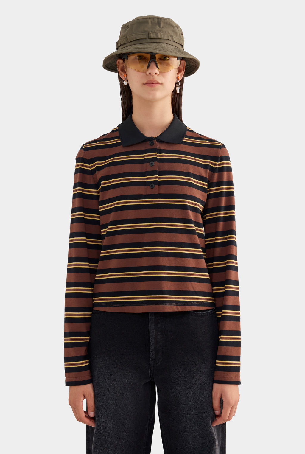 Striped Long Sleeve Jersey Polo - Black/Brown/Yellow Stripe